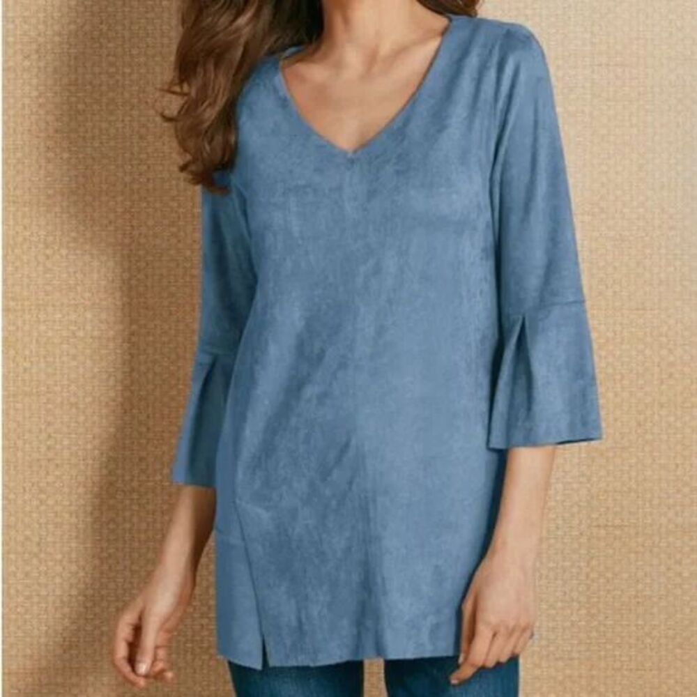Soft Surroundings Blue Faux‎ Suede V-Neck Bell Sleeve Tunic Top Petite Small L2